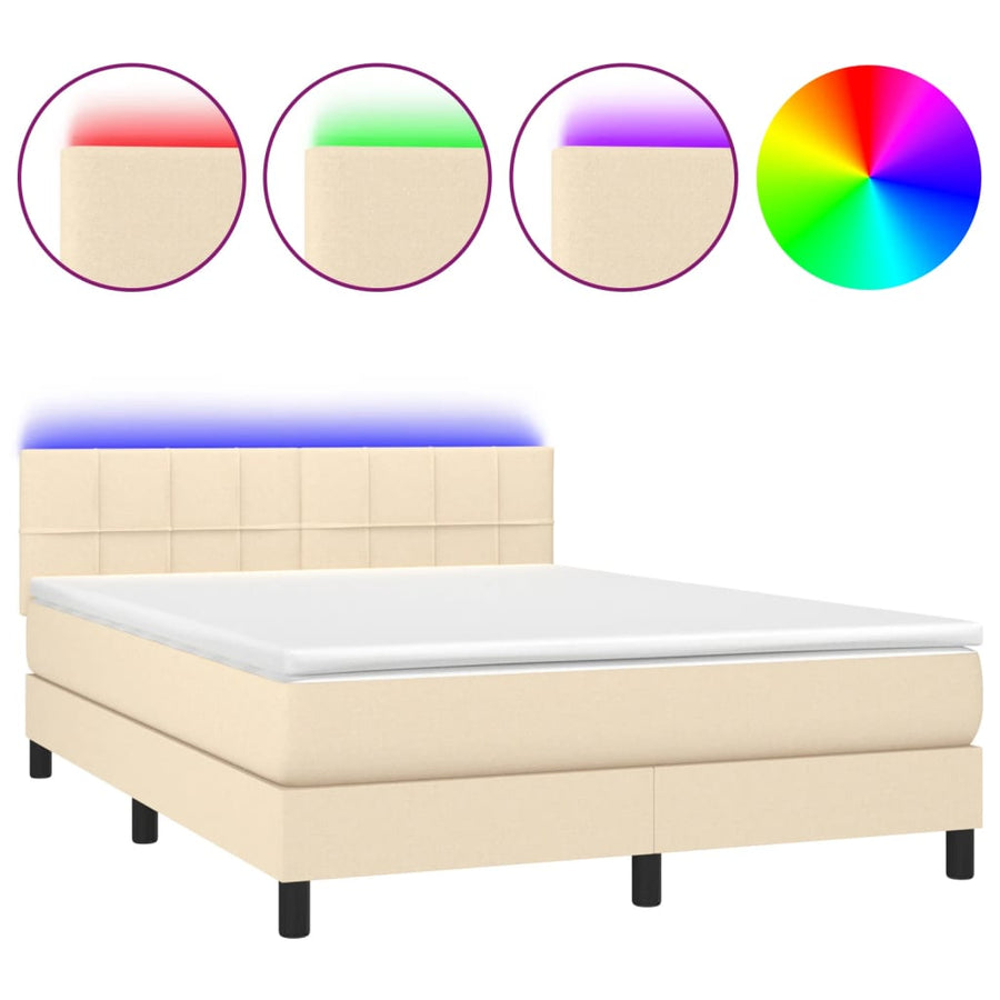 Boxspring met matras en LED stof crèmekleurig 140x190 cm 140 x 190 cm Blok met vierkanten