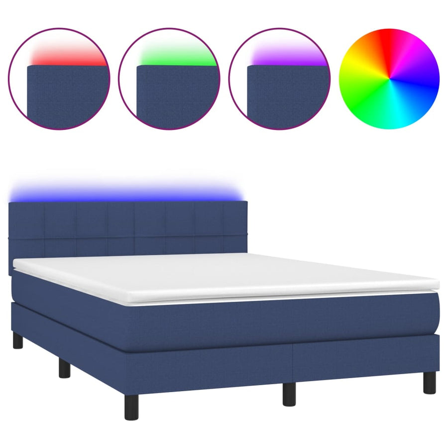 Boxspring Met Matras En Led Stof Blauw 140 x 190 cm Blok met vierkanten