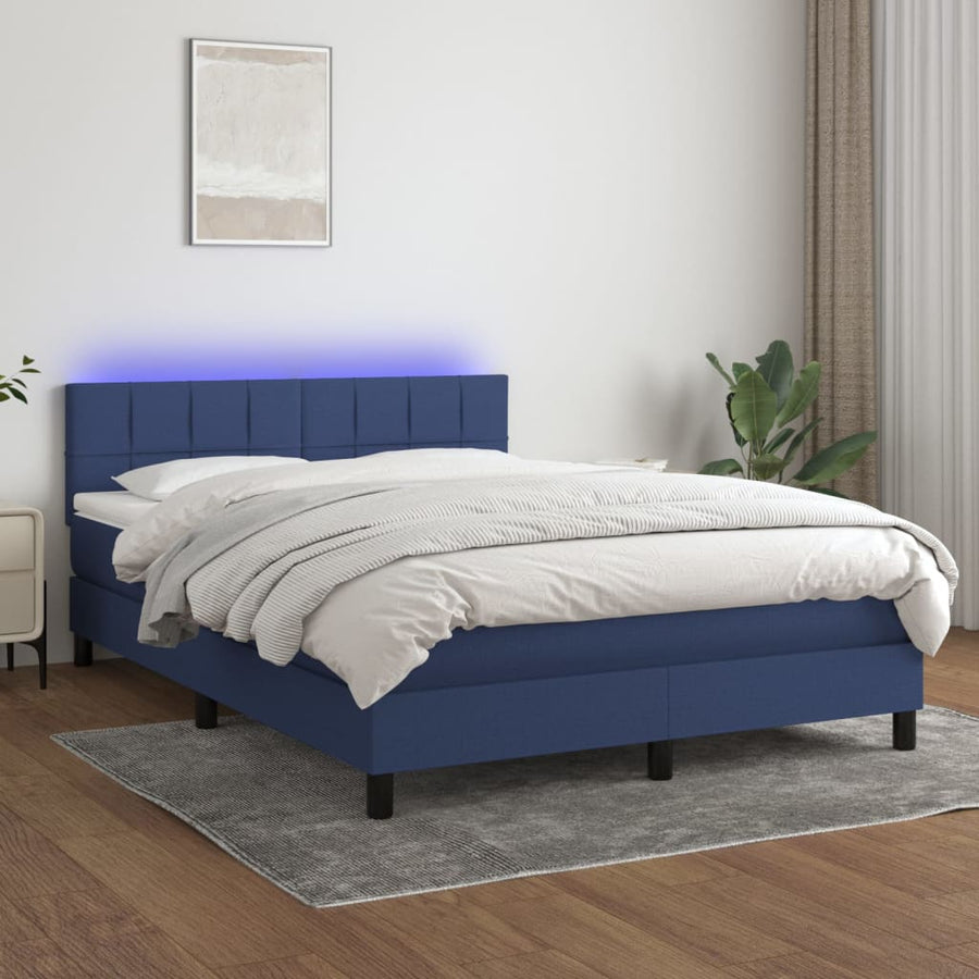 Boxspring Met Matras En Led Stof Blauw 140 x 190 cm Blok met vierkanten