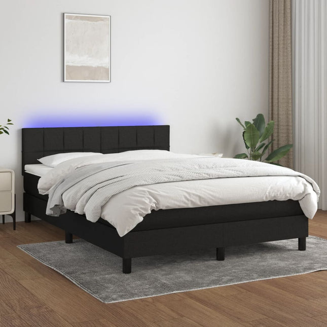 Boxspring Met Matras En Led Stof Zwart 140 x 200 cm Blok met vierkanten