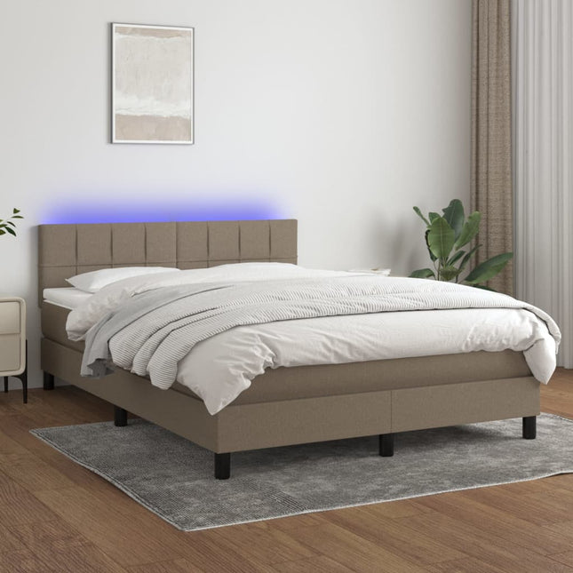 Boxspring met matras en LED stof taupe 140x200 cm 140 x 200 cm Blok met vierkanten