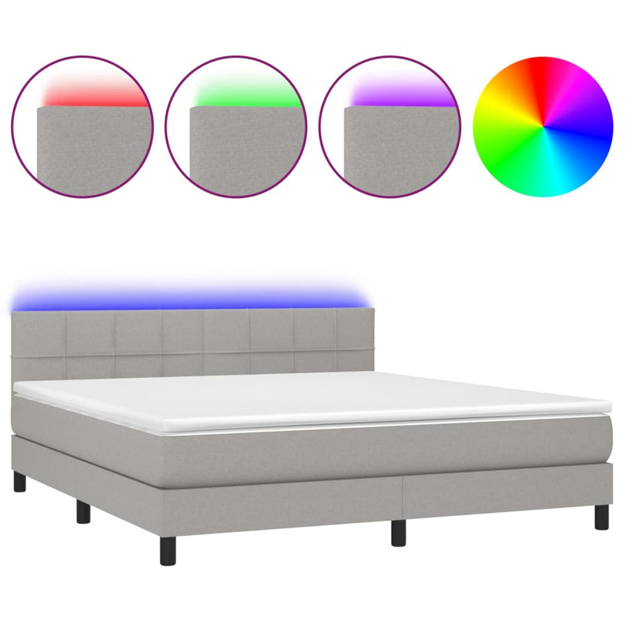 Boxspring Met Matras En Led Stof Lichtgrijs 160 x 200 cm Blok met vierkanten