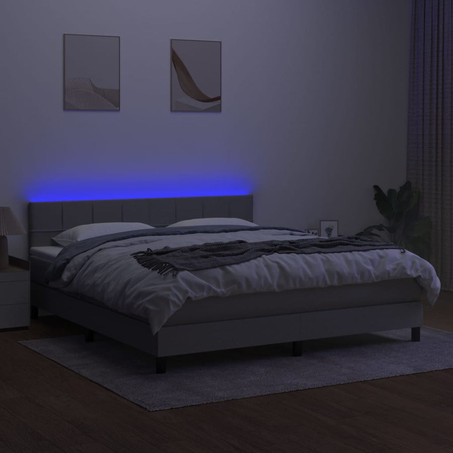 Boxspring Met Matras En Led Stof Lichtgrijs 160 x 200 cm Blok met vierkanten