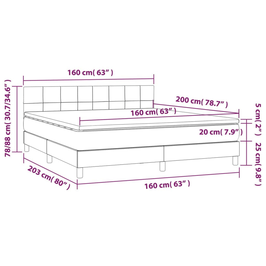 Boxspring Met Matras En Led Stof Lichtgrijs 160 x 200 cm Blok met vierkanten