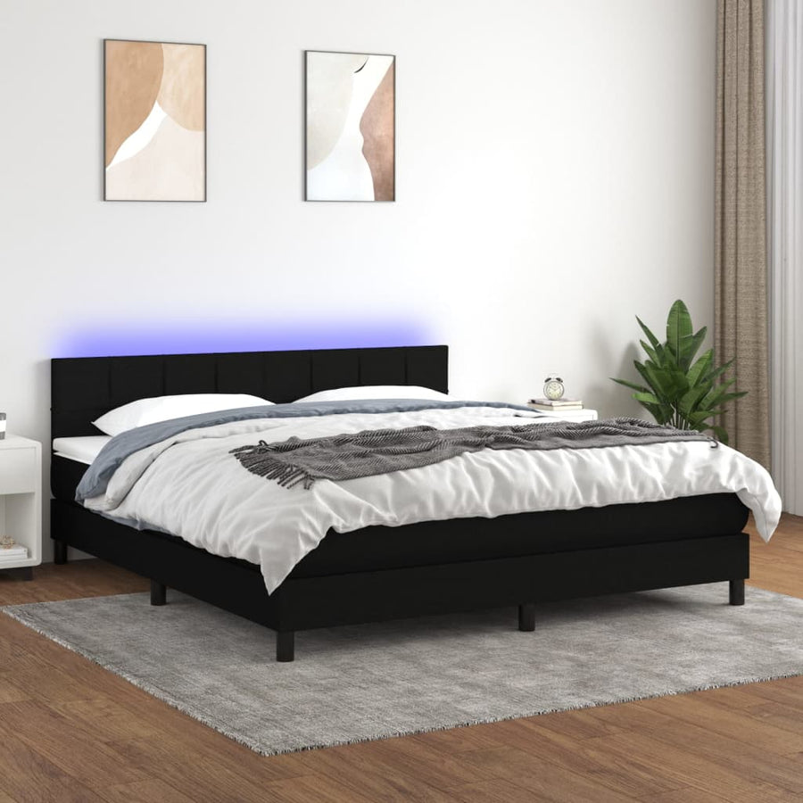 Boxspring Met Matras En Led Stof Zwart 160 x 200 cm Blok met vierkanten