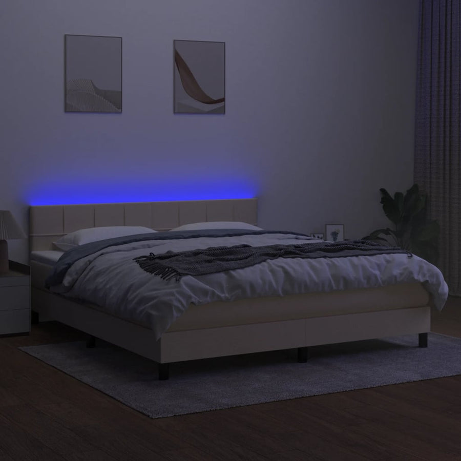 Boxspring Met Matras En Led Stof Kleurig Crème 160 x 200 cm Blok met vierkanten