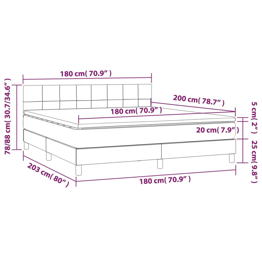 Boxspring Met Matras En Led Stof Lichtgrijs 180 x 200 cm Blok met vierkanten