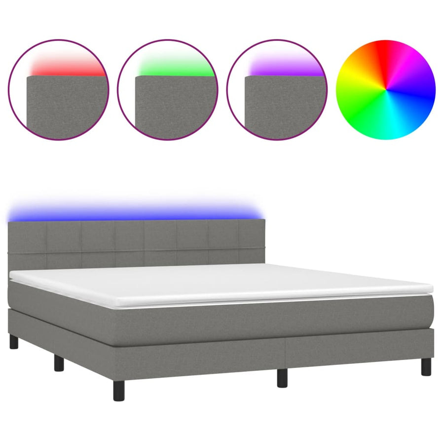 Boxspring Met Matras En Led Stof Donkergrijs 180 x 200 cm Blok met vierkanten