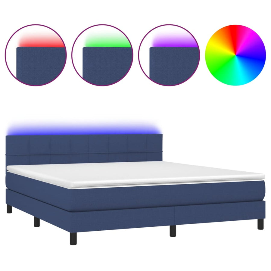 Boxspring Met Matras En Led Stof Blauw 180 x 200 cm Blok met vierkanten