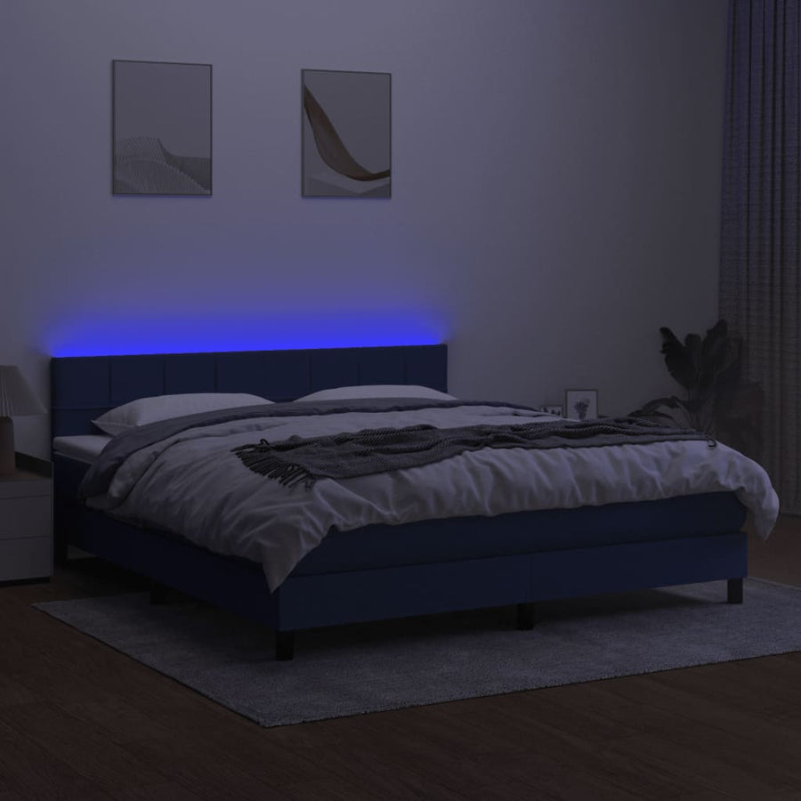 Boxspring Met Matras En Led Stof Blauw 180 x 200 cm Blok met vierkanten