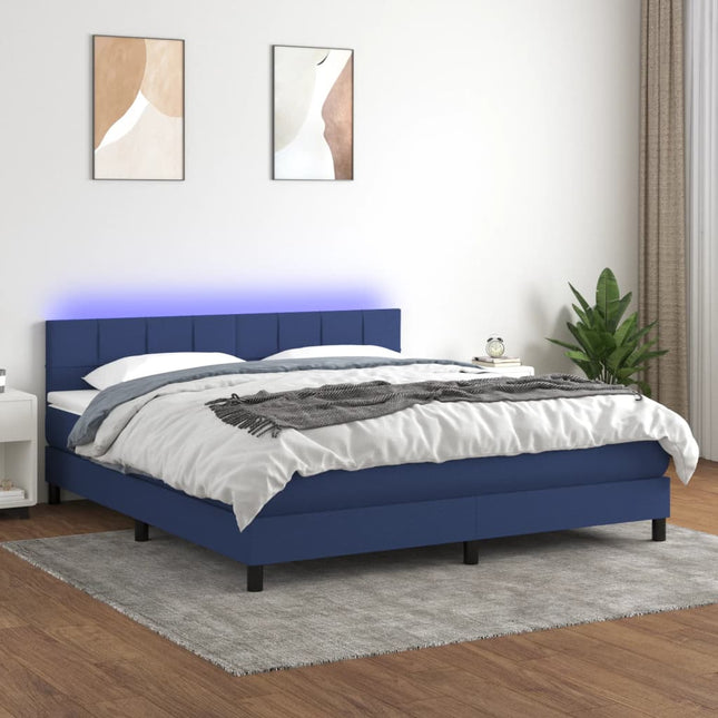 Boxspring Met Matras En Led Stof Blauw 180 x 200 cm Blok met vierkanten