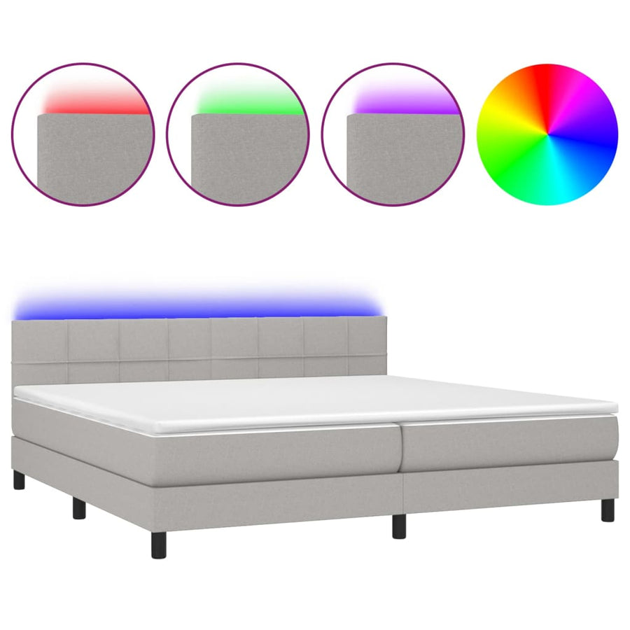 Boxspring Met Matras En Led Stof Lichtgrijs 200 x 200 cm Blok met vierkanten