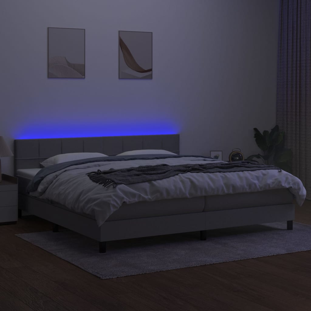 Boxspring Met Matras En Led Stof Lichtgrijs 200 x 200 cm Blok met vierkanten