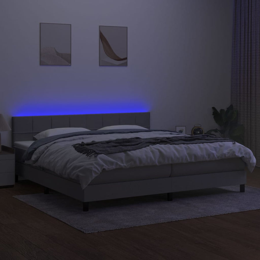 Boxspring Met Matras En Led Stof Lichtgrijs 200 x 200 cm Blok met vierkanten