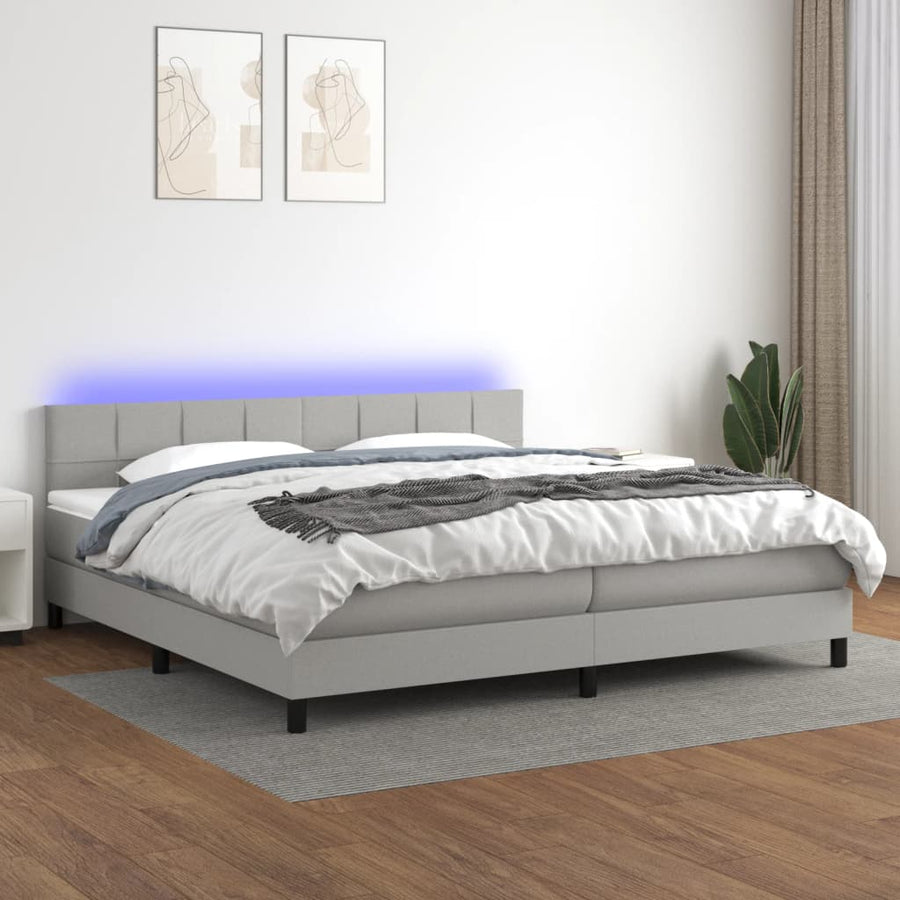Boxspring Met Matras En Led Stof Lichtgrijs 200 x 200 cm Blok met vierkanten