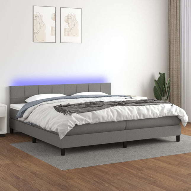 Boxspring Met Matras En Led Stof Donkergrijs 200 x 200 cm Blok met vierkanten