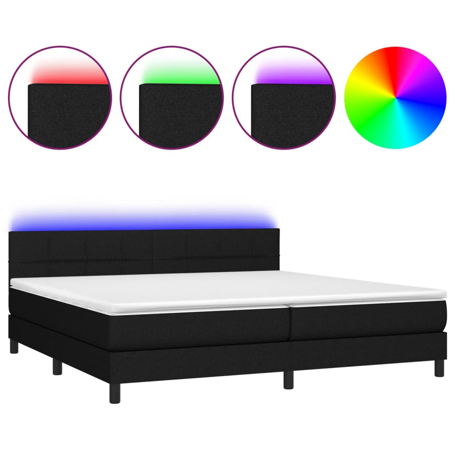 Boxspring Met Matras En Led Stof Zwart 200 x 200 cm Blok met vierkanten