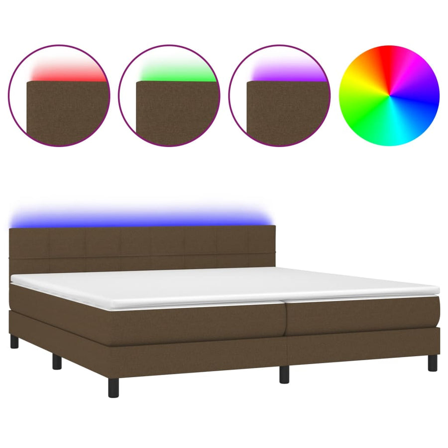 Boxspring Met Matras En Led Stof Donkerbruin 200 x 200 cm Blok met vierkanten