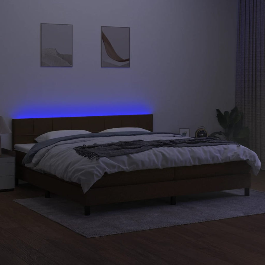 Boxspring Met Matras En Led Stof Donkerbruin 200 x 200 cm Blok met vierkanten
