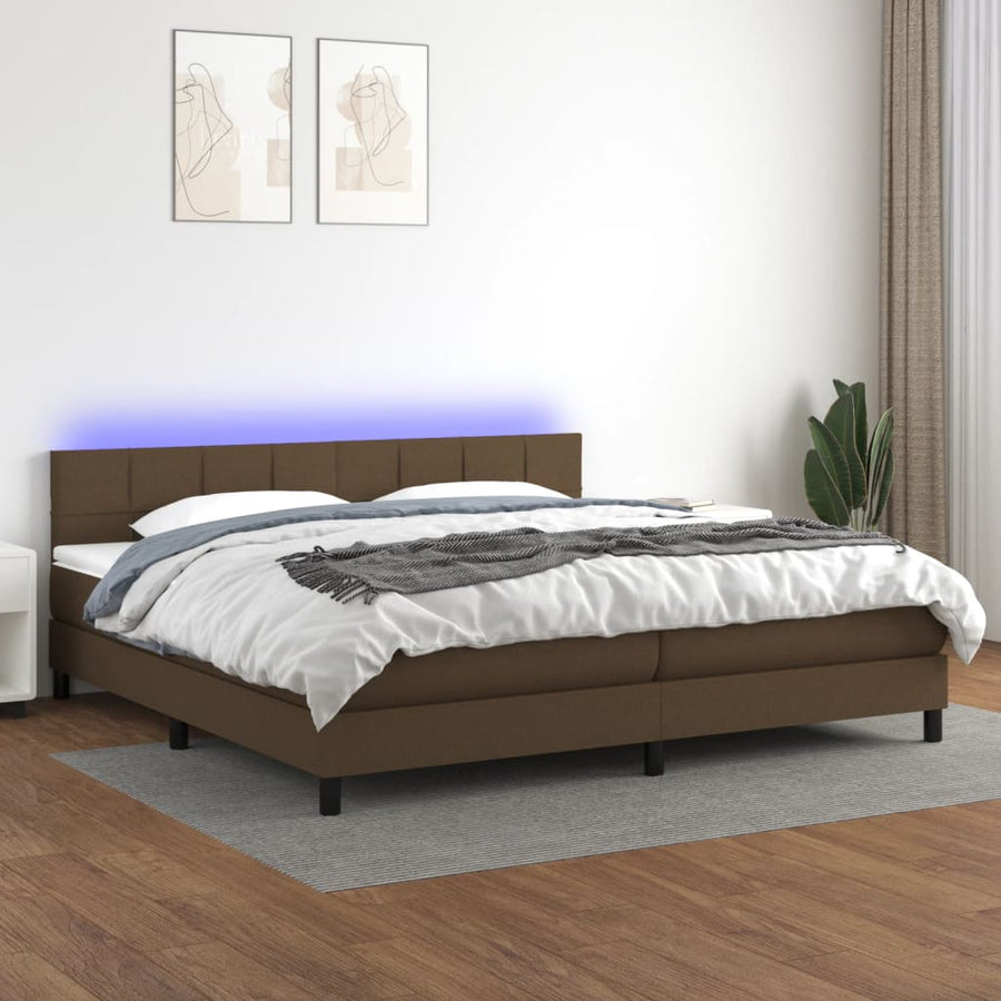 Boxspring Met Matras En Led Stof Donkerbruin 200 x 200 cm Blok met vierkanten