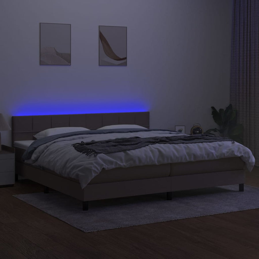 Boxspring Met Matras En Led Stof Taupe 200 x 200 cm Blok met vierkanten