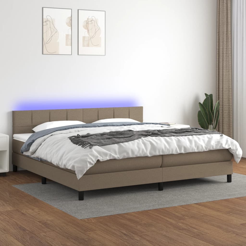 Boxspring Met Matras En Led Stof Taupe 200 x 200 cm Blok met vierkanten