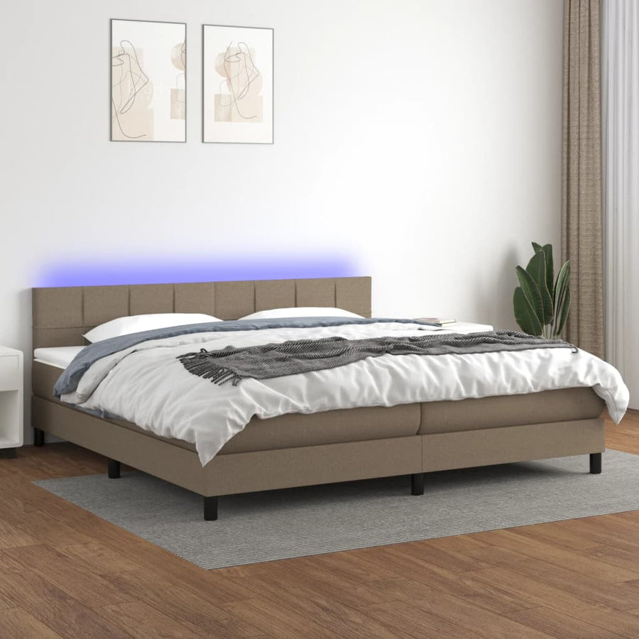 Boxspring Met Matras En Led Stof Taupe 200 x 200 cm Blok met vierkanten