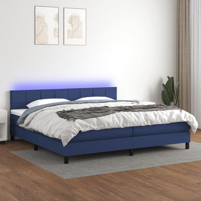 Boxspring Met Matras En Led Stof Blauw 200 x 200 cm Blok met vierkanten