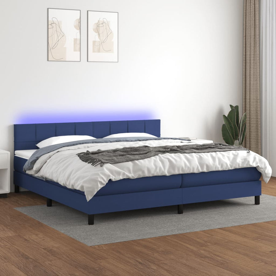 Boxspring Met Matras En Led Stof Blauw 200 x 200 cm Blok met vierkanten