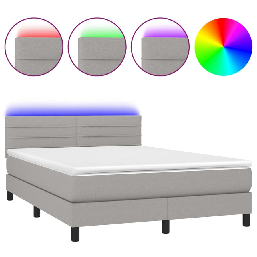 Boxspring Met Matras En Led Stof Lichtgrijs 140 x 190 cm Horizontale strepen