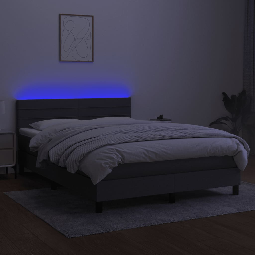 Boxspring Met Matras En Led Stof Donkergrijs 140 x 190 cm Horizontale strepen