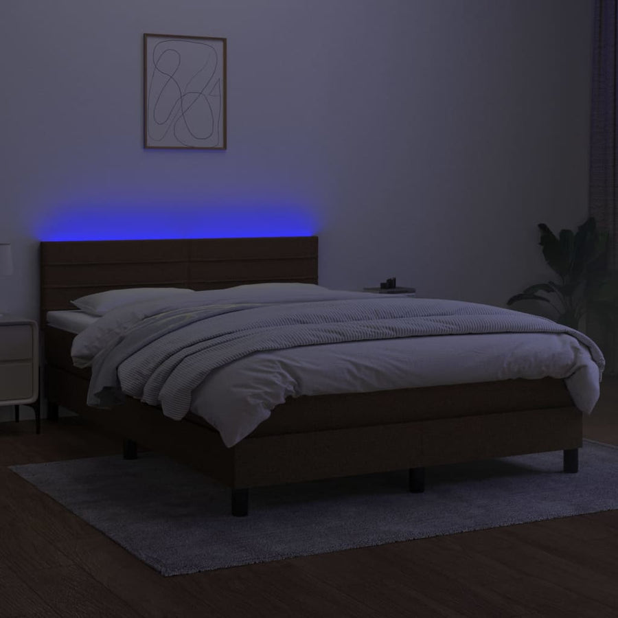 Boxspring Met Matras En Led Stof Donkerbruin 140 x 190 cm Horizontale strepen