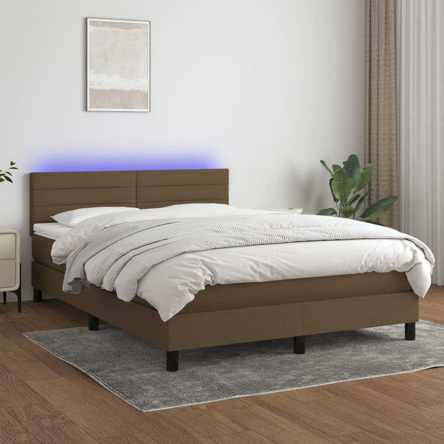 Boxspring Met Matras En Led Stof Donkerbruin 140 x 190 cm Horizontale strepen