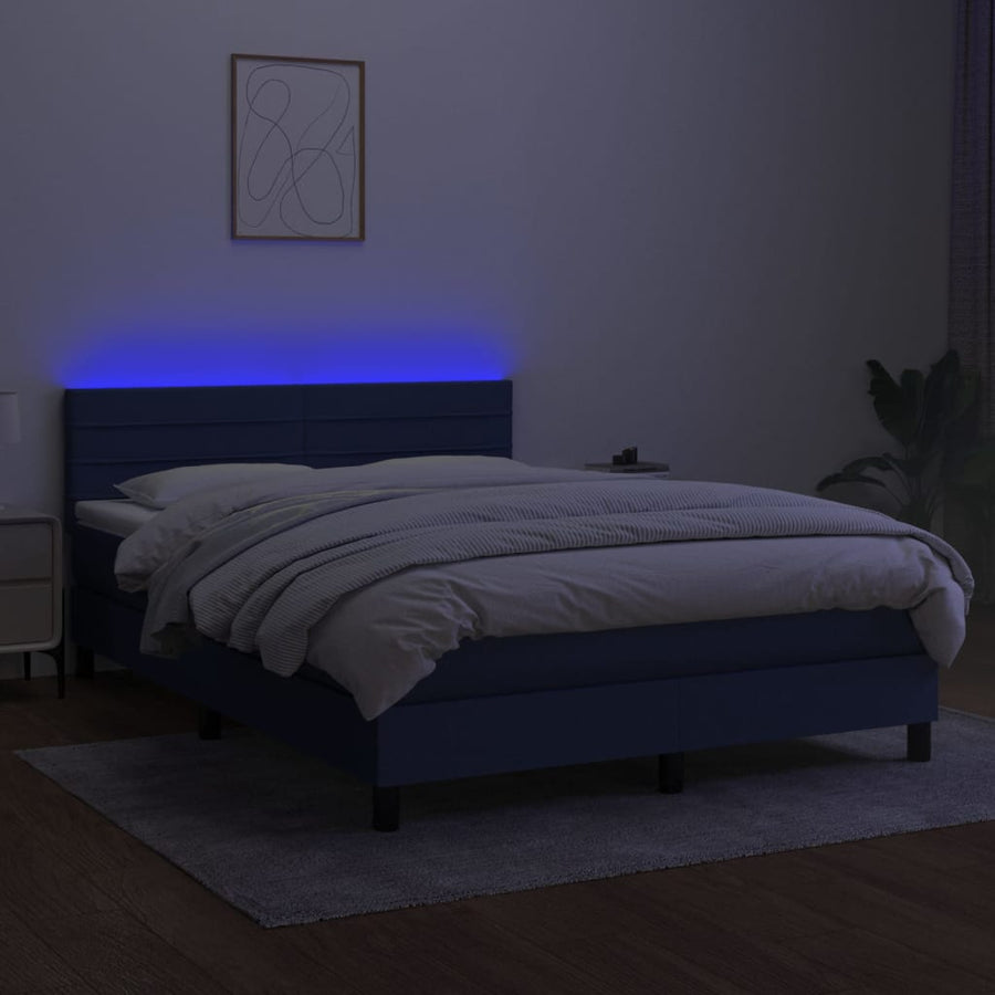 Boxspring Met Matras En Led Stof Blauw 140 x 200 cm Horizontale strepen