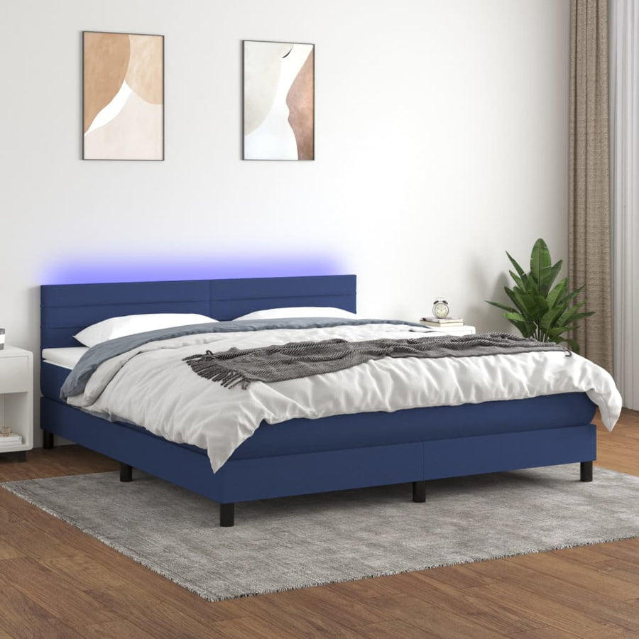 Boxspring Met Matras En Led Stof Blauw 160 x 200 cm Horizontale strepen