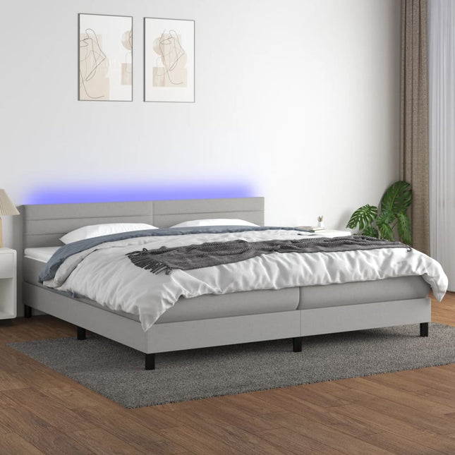 Boxspring Met Matras En Led Stof Lichtgrijs 200 x 200 cm Horizontale strepen