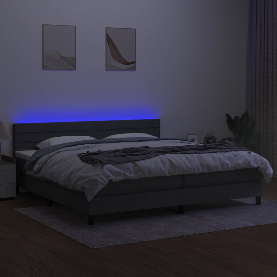 Boxspring Met Matras En Led Stof Donkergrijs 200 x 200 cm Horizontale strepen