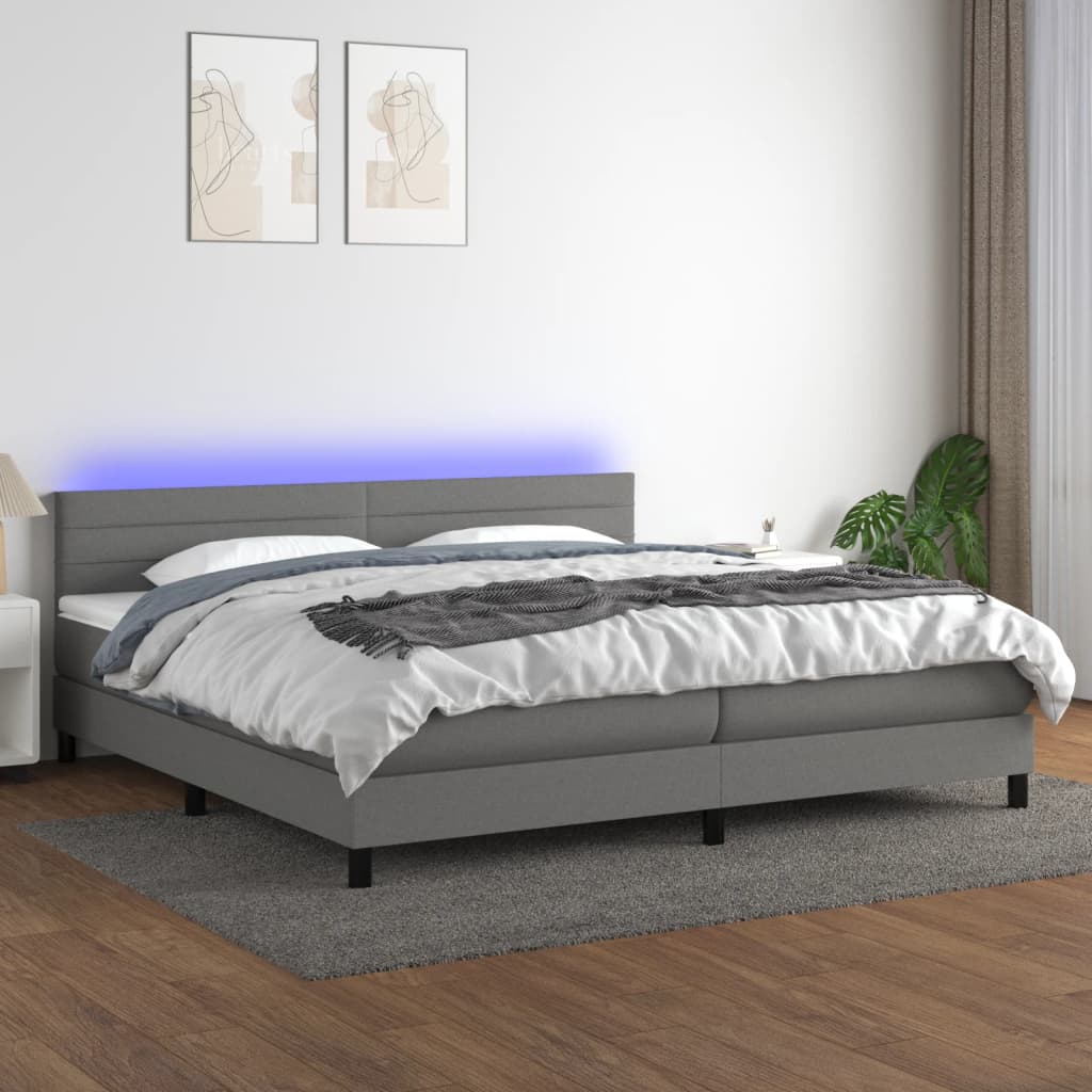 Boxspring Met Matras En Led Stof Donkergrijs 200 x 200 cm Horizontale strepen