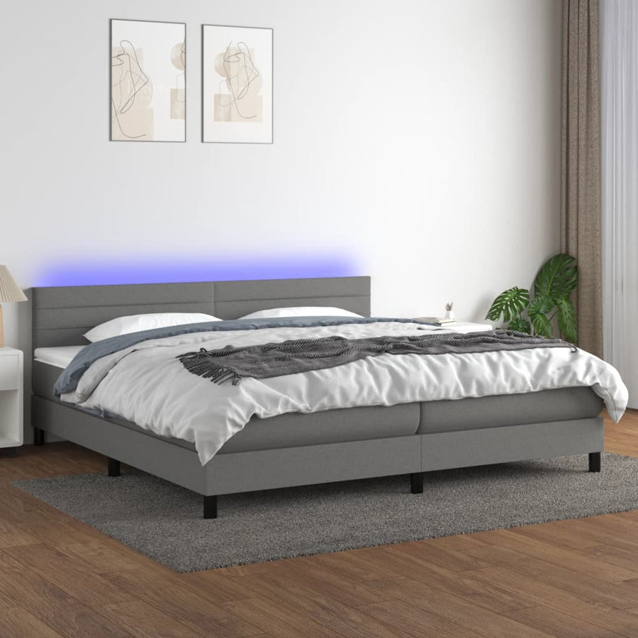 Boxspring Met Matras En Led Stof Donkergrijs 200 x 200 cm Horizontale strepen