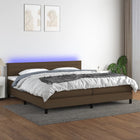Box spring with mattress and dark brown LED fabric 200x200 cm