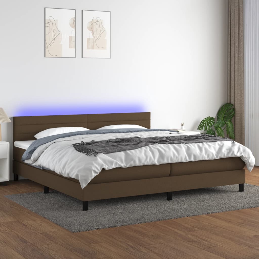 Boxspring Met Matras En Led Stof Donkerbruin 200 x 200 cm Horizontale strepen