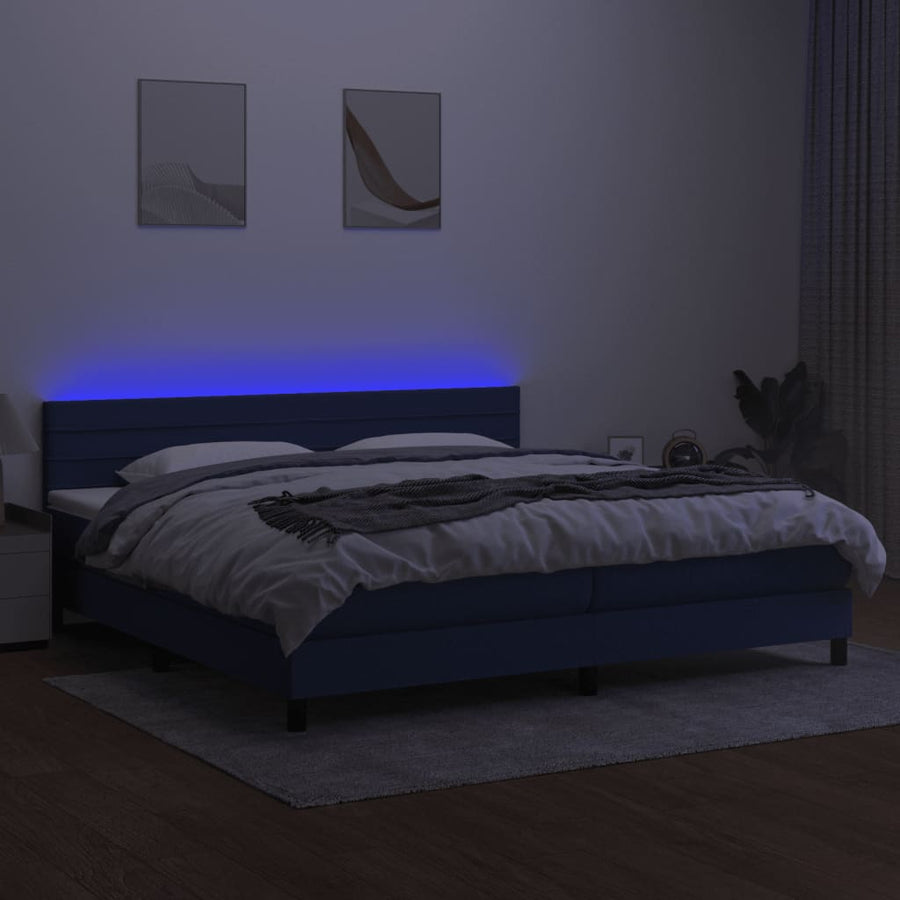 Boxspring Met Matras En Led Stof Blauw 200 x 200 cm Horizontale strepen