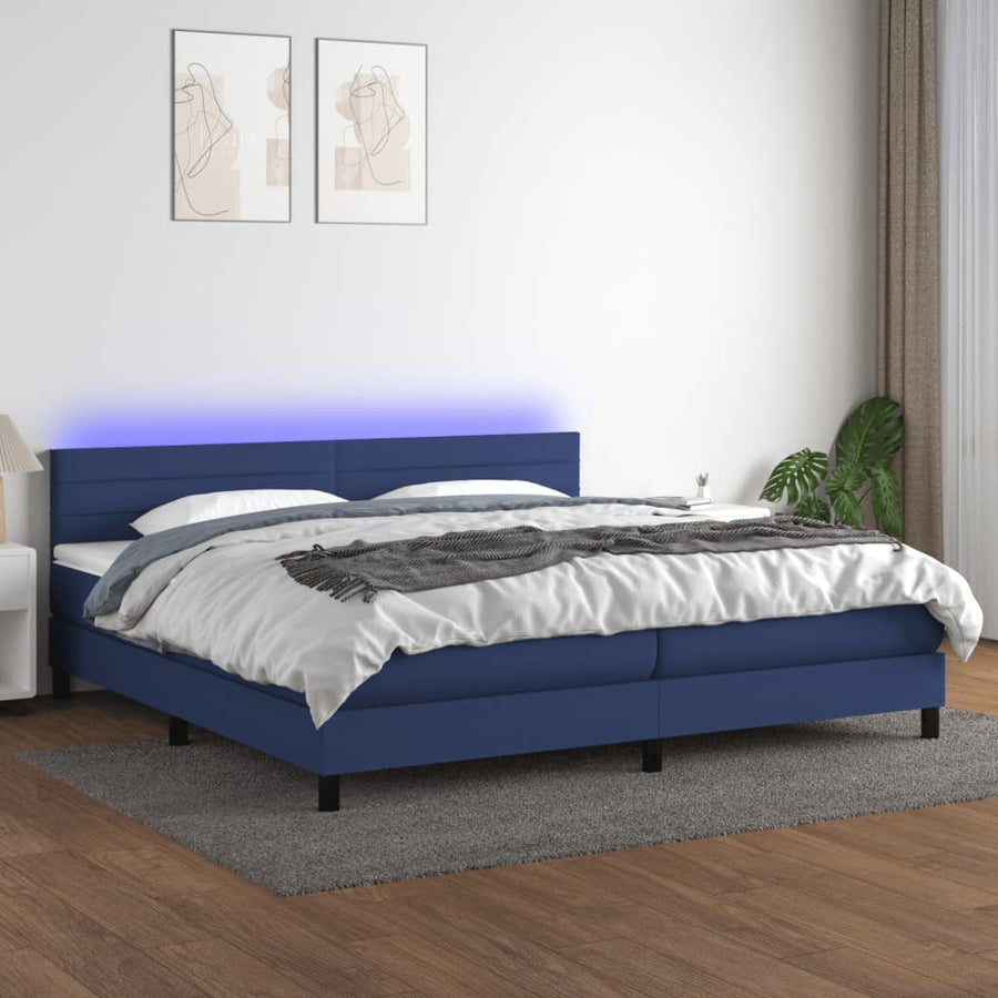 Boxspring Met Matras En Led Stof Blauw 200 x 200 cm Horizontale strepen