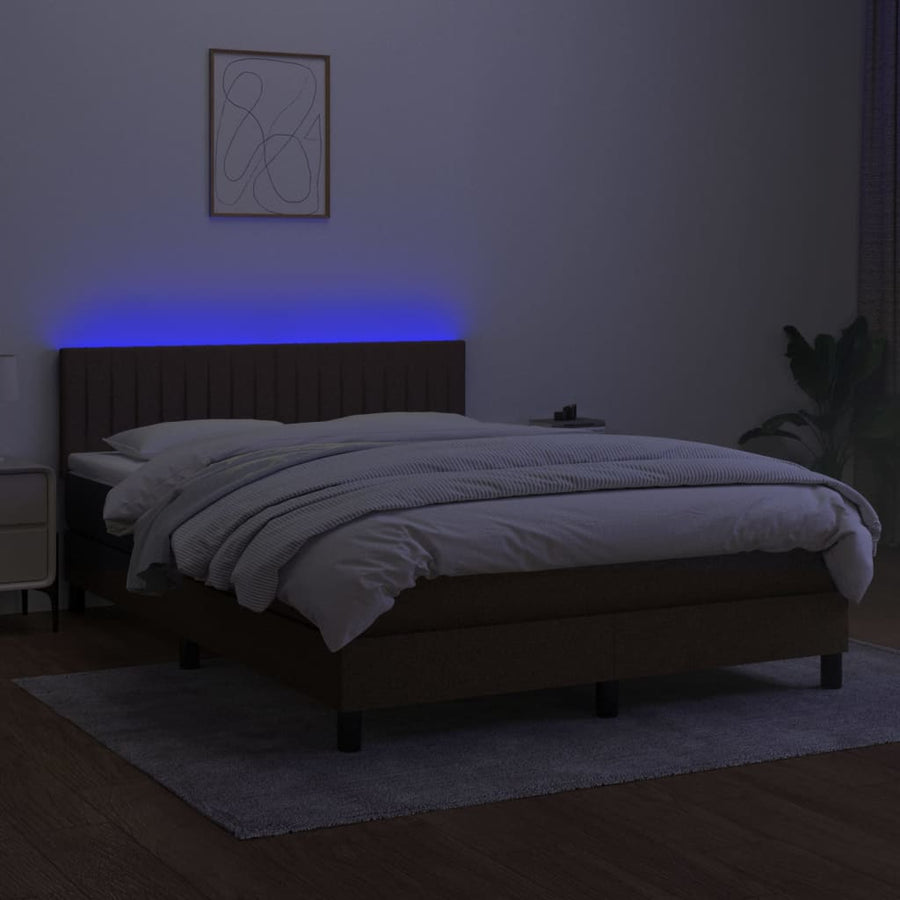 Boxspring Met Matras En Led Stof Donkerbruin 140 x 190 cm Verticale strepen