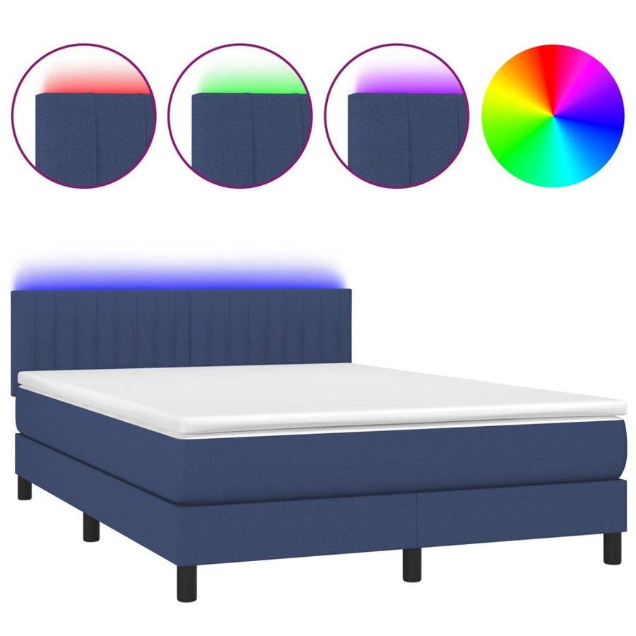 Boxspring Met Matras En Led Stof Blauw 140 x 190 cm Verticale strepen