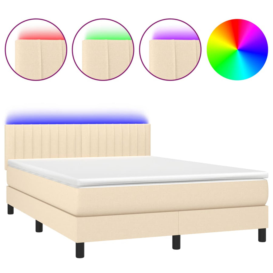 Boxspring met matras en LED stof crèmekleurig 140x200 cm 140 x 200 cm Verticale strepen