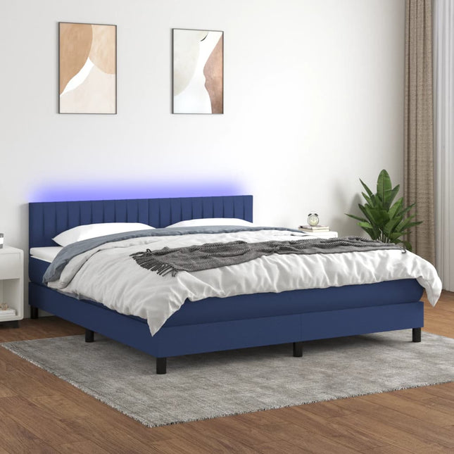 Boxspring Met Matras En Led Stof Blauw 160 x 200 cm Verticale strepen