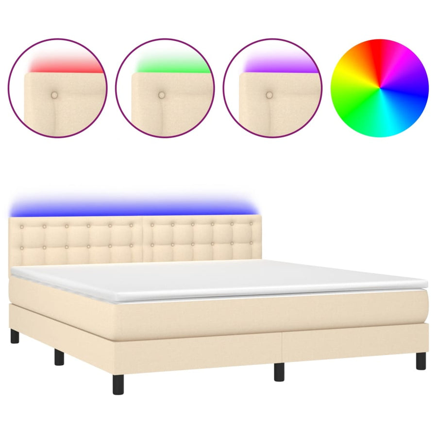 Boxspring Met Matras En Led Stof Crèmekleurig 180X200 Cm 180 x 200 cm Knopen