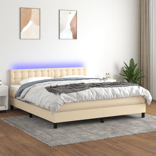 Boxspring Met Matras En Led Stof Crèmekleurig 180X200 Cm 180 x 200 cm Knopen