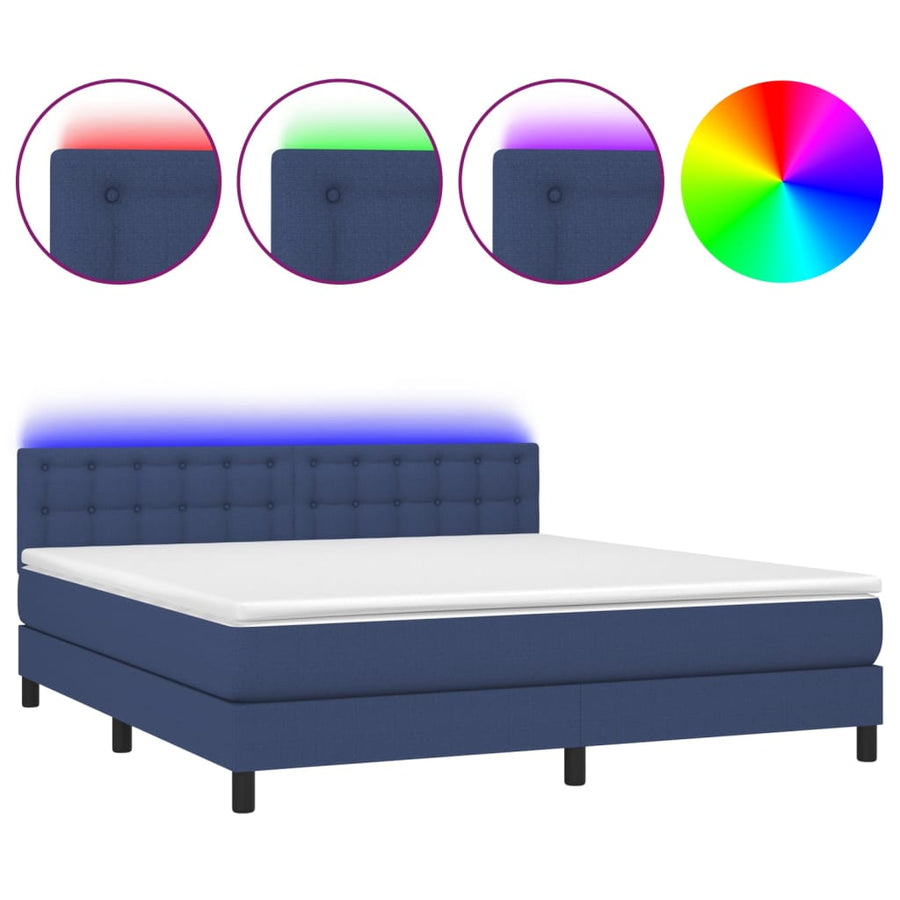 Boxspring Met Matras En Led Stof Blauw 180X200 Cm 180 x 200 cm Knopen
